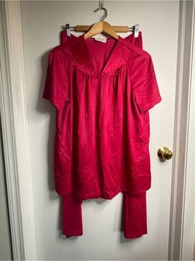 Vanity Fair Vintage 2pc Pajama Set Pink Nylon Tricot V-Neck Button XL Loungewear
